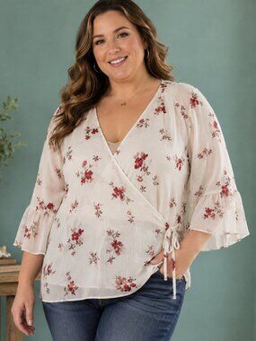 Lauren Ralph Lauren XL Floral Wrap Blouse Ivory Sheer Bell Sleeve Romantic Top